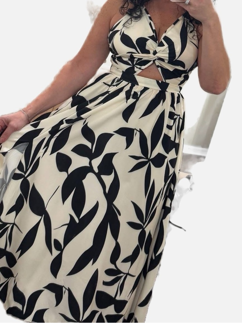 Black & White Knotted Halter Maxi Dress